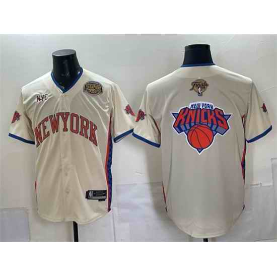 Men New York Knicks Team Big Logo Cream 2026 Finals Eastern Conference Champions Patch Stitched Baseball Jersey