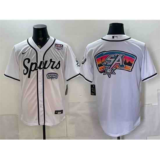Men San Antonio Spurs Team Big Logo White USA 250  Patch Stitched Baseball Jersey