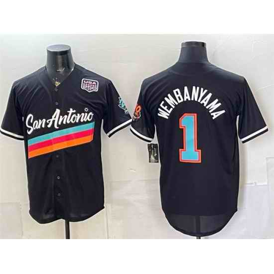 Men San Antonio Spurs  1 Victor Wembanyama Black USA 250  Patch City Edition Stitched Baseball Jersey