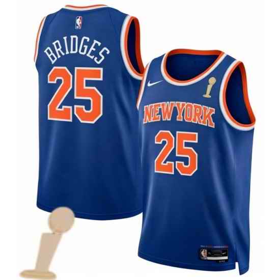 Men New Yok Knicks 25 Mikal Bridges Blue 2026 Champions Patch Icon Edition Stitched Basketball Jersey