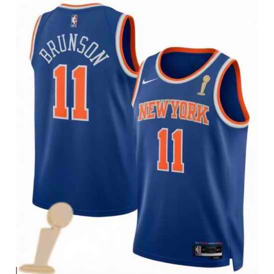 Men New Yok Knicks 11 Jalen Brunson Blue 2026 Champions Patch Icon Edition Stitched Basketball Jersey