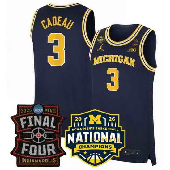 Men Michigan Wolverines  3 Elliot Cadeau Navy 2025 26 Final Four   National Champions Patch Stitched Basketball Jersey