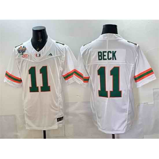 Men Miami Hurricanes  11 Carson Beck White F U S E  2026 Fiesta Bowl Champions Patch Stitched Football Jersey