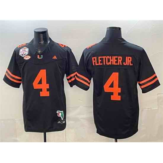 Men Miami Hurricanes  4 Mark Fletcher Jr  Black F U S E  Fiesta Bowl Champions   Florida Patch Stitched Football Jersey