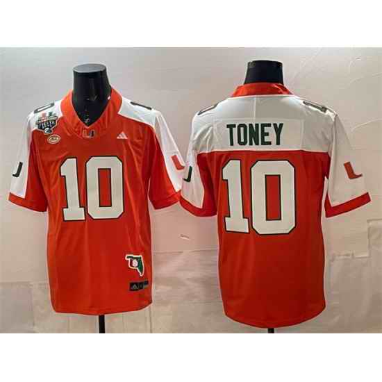 Men Miami Hurricanes 10 Malachi Toney Orange Alternate F U S E  Fiesta Bowl Champions  26 Florida Patch Stitched Football Jersey