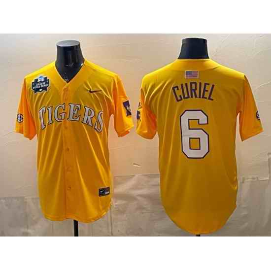 Men LSU Tigers  6 Derek Curiel Gold 2025 World Series   SEC Patch Stitched Baseball Jersey