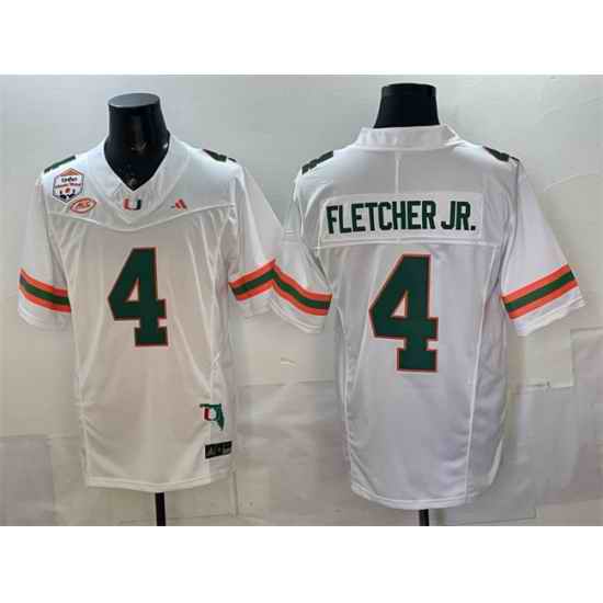 Men Miami Hurricanes  4 Mark Fletcher Jr  White F U S E  Fiesta Bowl Champions   Florida Patch Stitched Football Jersey