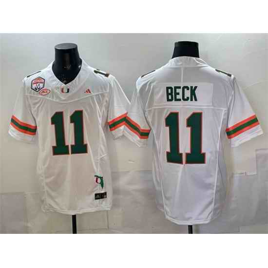 Men Miami Hurricanes  11 Carson Beck White F U S E  Fiesta Bowl Champions   Florida Patch Stitched Football Jersey