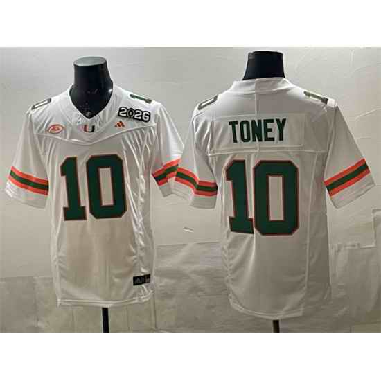 Men Miami Hurricanes 10 Malachi Toney White F U S E  2026  26 Florida Patch Stitched Football Jersey