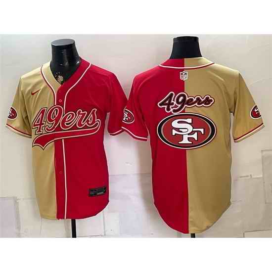 Men San Francisco 49ers Team Big Logo Gold Red Split Stitched Jersey 001