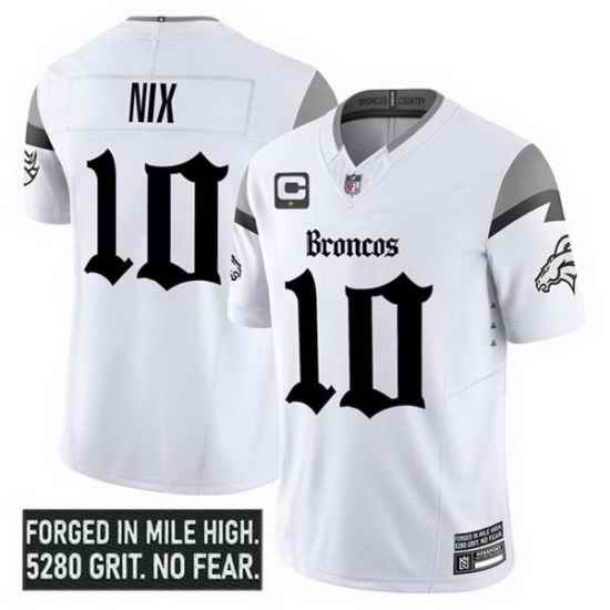Men Denver Broncos 10 Bo Nix White 2025 F U S E  With 1 Star C Patch Gothic Mile High Shadows Edition Vapor Limited Stitched Football Jersey