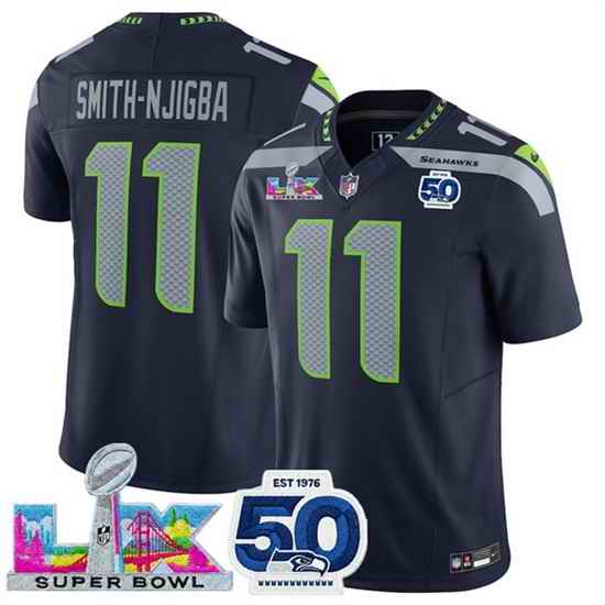 Youth Seattle Seahawks 11 Jaxon Smith Njigba Navy 2025 F U S E  Super Bowl LX Patch And 50th Season Patch Vapor Limited Stitched Football Jersey