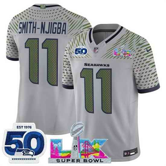 Youth Seattle Seahawks 11 Jaxon Smith Njigba Grey 2025 F U S E  Super Bowl LX Patch And 50th Season Patch  Rivalries Vapor Limited Stitched Football Jersey