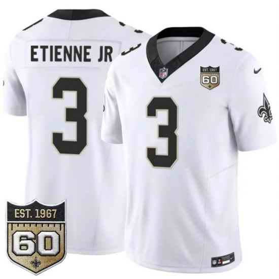 Men New Orleans Saints 3 Travis Etienne Jr White 2026 F U S E 60th Anniversary Patch Vapor Limited Football Stitched Jersey