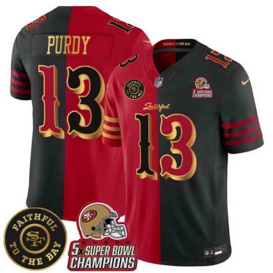 Men San Francisco 49ers Active Player Custom Black Red Splite F U S E  Faithful To The Bay Patch And 5x Super Bowl Champions Patch Vapor Limited Stitched F