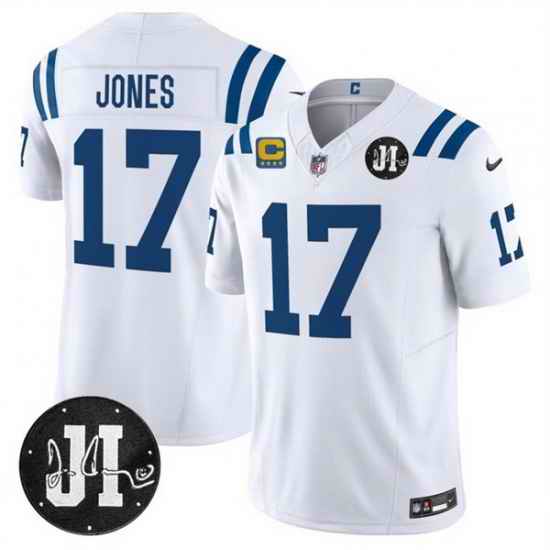 Men Indianapolis Colts 17 Daniel Jones White 2025 F U S E  With 4 Star C Patch And Jim Irsay Patch Vapor Limited Stitched Football Jersey
