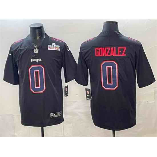 Men New England Patriots  0 Christian Gonzalez Black 2025 Super Bowl LX Patch Carbon Fashion Stitched Football Jersey