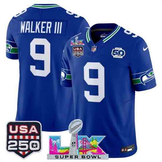 Men Seattle Seahawks 9 Kenneth Walker III Royal 2025 F U S E  Super Bowl LX Patch And 50th Season  USA 250 Patch Vapor Throwback Limited Stitched Football