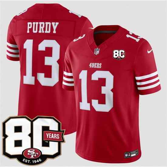Men San Francisco 49ers  13 Brock Purdy Red 80th Anniversary Patch 2026 F U S E  Vapor Untouchabl2026 F U S E  Vapor Untouchable Limited Stitched Football