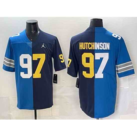 Men Detroit Lions X Wolverines 97 Aidan Hutchinson Blue Navy Split Vapor Limited Stitched Jersey