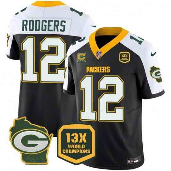 Men Green Bay Packers 12 Aaron Rodgers Black White 2023 F U S E  Home Patch With 4 Star C Patch 13 Time World Champions Vapor Untouchable Limited Stitched