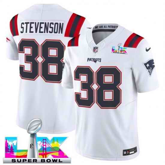 Men New England Patriots 38 Rhamondre Stevenson White 2025 F U S E  Super Bowl LX Patch Vapor Limited Stitched Football Jersey