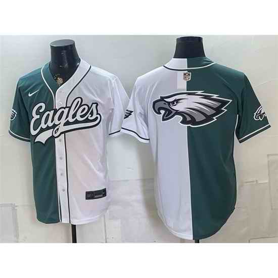 Men Philadelphia Eagles Team Big Logo Green White Split Stitched Jersey