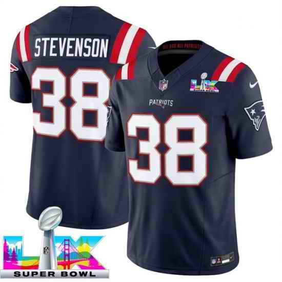 Men New England Patriots 38 Rhamondre Stevenson Navy 2025 F U S E  Super Bowl LX Patch Vapor Limited Stitched Football Jersey