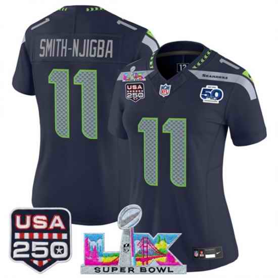 Women Seattle Seahawks 11 Jaxon Smith Njigba Navy 2025 F U S E  Super Bowl LX Patch And 50th Season  26 USA 250 27 Patch Vapor Limited Football Stitched Je