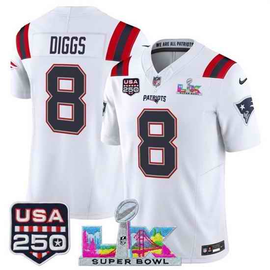 Youth New England Patriots 8 Stefon Diggs White 2025 F U S E  Super Bowl LX  USA 250 Patch Vapor Limited Stitched Football Jersey
