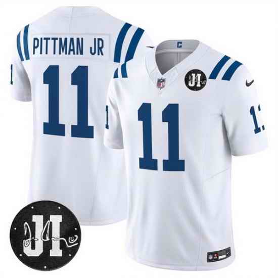 Men Indianapolis Colts 11 Michael Pittman Jr  White 2025 F U S E  Jim Irsay Patch Vapor Limited Stitched Football Jersey