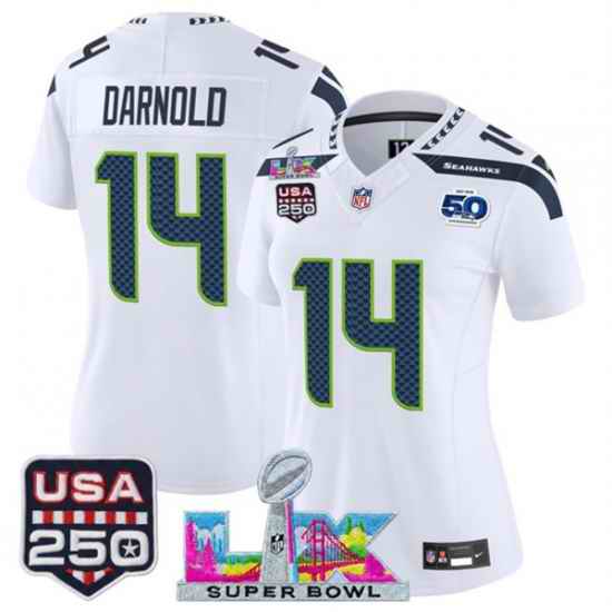 Women Seattle Seahawks 14 Sam Darnold White 2025 F U S E  Super Bowl LX Patch And 50th Season  26 USA 250 27 Patch Vapor Limited Football Stitched Jersey