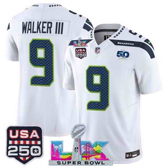 Youth Seattle Seahawks 9 Kenneth Walker III White 2025 F U S E  Super Bowl LX Patch And 50th Season  USA 250 Patch Vapor Limited Stitched Football Jersey