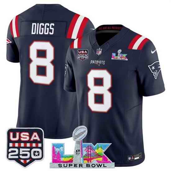 Men New England Patriots 8 Stefon Diggs Navy 2025 F U S E  Super Bowl LX Patch And USA 250 27 Patch Vapor Limited Football Stitched Jersey