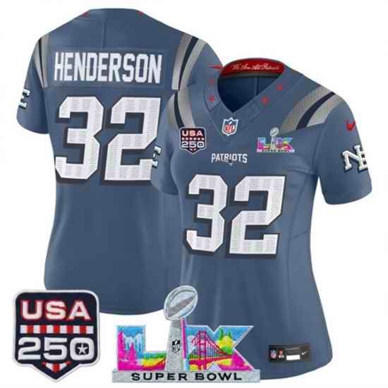 Women New England Patriots 32 TreVeyon Henderson Storm Blue 2025 F U S E Super Bowl LX  USA 250 Patch Rivalries Vapor Limited Football Stitched Jersey