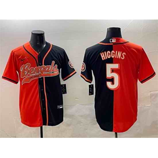 Men Cincinnati Bengals 5 Tee Higgins Orange Black Split With Patch Cool Base Stitched Baseball Jersey