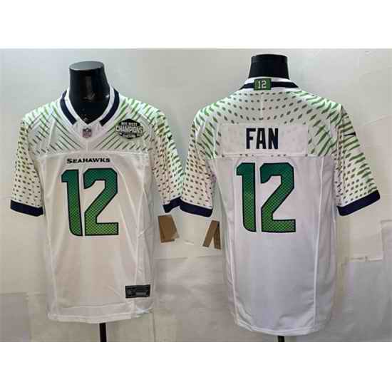 Men Seattle Seahawks  12 Fan White 2025 F U S E   Rivalries  NFC West Division Champions Patch Vapor Untouchable Limited Stitched Football Jersey