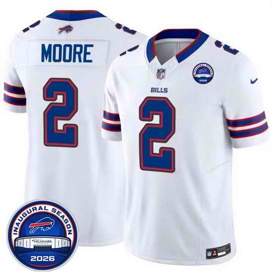 Men Buffalo Bills  2 D J  Moore White F U S E  2026 Inaugural Season at Highmark Stadium Patch Stitched Football Jersey