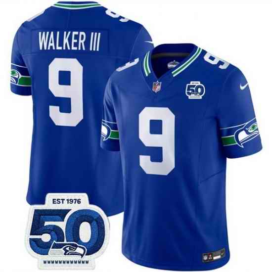 Men Seattle Seahawks 9 Kenneth Walker III Royal 2025 F U S E 50th Anniversary Patch Throwback Vapor Limited Stitched Football Jersey