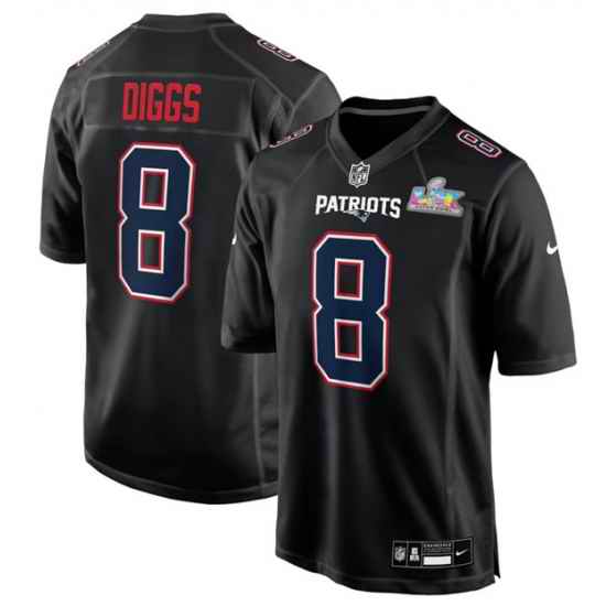 Men New England Patriots 8 Stefon Diggs Black 2025 Super Bowl LX Patch Carbon Fashion Stitched Game Jersey