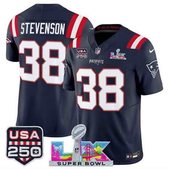 Men New England Patriots 38 Rhamondre Stevenson Navy 2025 F U S E  Super Bowl LX Patch And USA 250 27 Patch Vapor Limited Football Stitched Jersey
