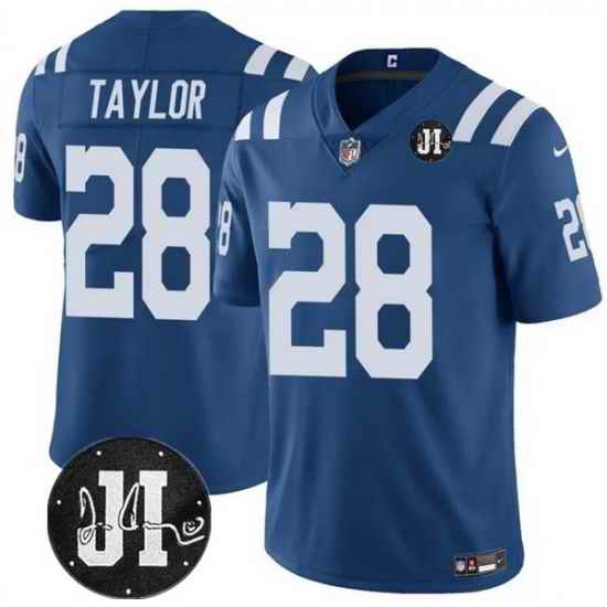 Men Indianapolis Colts 28 Jonathan Taylor Blue Jim Irsay Patch Vapor Stitched Jersey