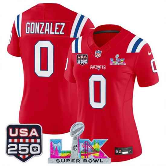 Women New England Patriots 0 Christian Gonzalez Red 2025 F U S E  Super Bowl LX Patch And USA 250 27 Patch Vapor Limited Football Stitched Jersey