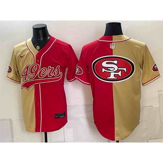 Men San Francisco 49ers Team Big Logo Gold Red Split Stitched Jersey 003