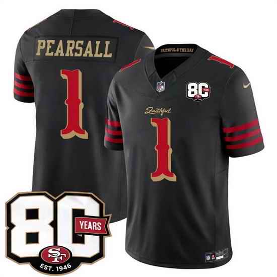 Men San Francisco 49ers  1 Ricky Pearsall Black 80th Anniversary Patch  Rivalries  2026 F U S E  Vapor Untouchabl Limited Stitched Football Jersey