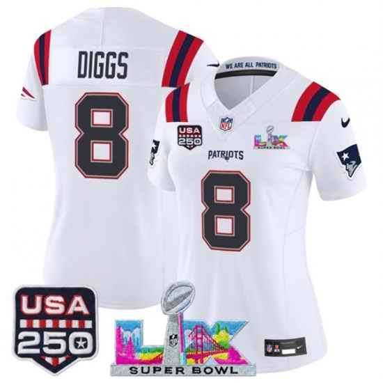 Women New England Patriots 8 Stefon Diggs White 2025 F U S E  Super Bowl LX Patch And USA 250 27 Patch Vapor Limited Football Stitched Jersey
