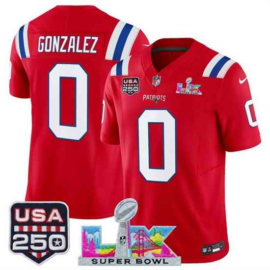 Youth New England Patriots 0 Christian Gonzalez Red 2025 F U S E  Super Bowl LX Patch And USA 250 27 Patch Vapor Limited Stitched Football Jersey