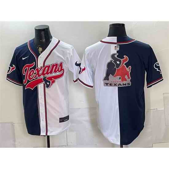 Men Houston Texans Team Big Logo Navy White Split With Patch Cool Base Stitched Baseball Jersey