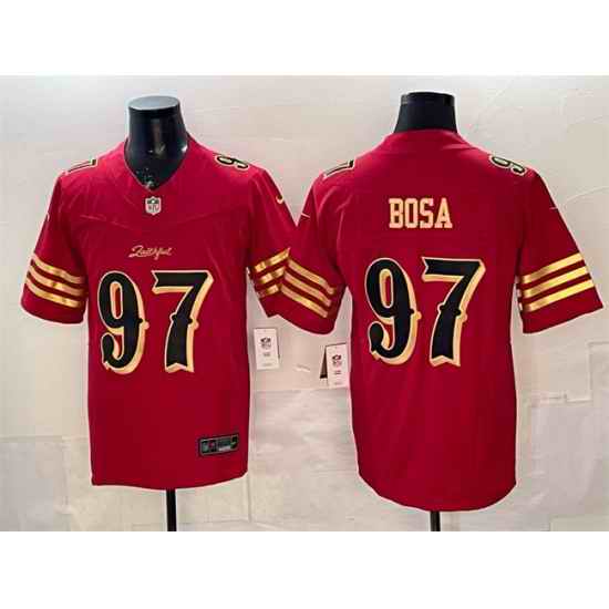 Men San Francisco 49ers 97 Nick Bosa Red Gold 2025 F U S E   Rivalries Vapor Limited Stitched Football Jersey