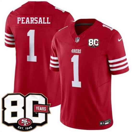 Men San Francisco 49ers  1 Ricky Pearsall Red 80th Anniversary Patch 2026 F U S E  Vapor Untouchabl2026 F U S E  Vapor Untouchable Limited Stitched Footbal
